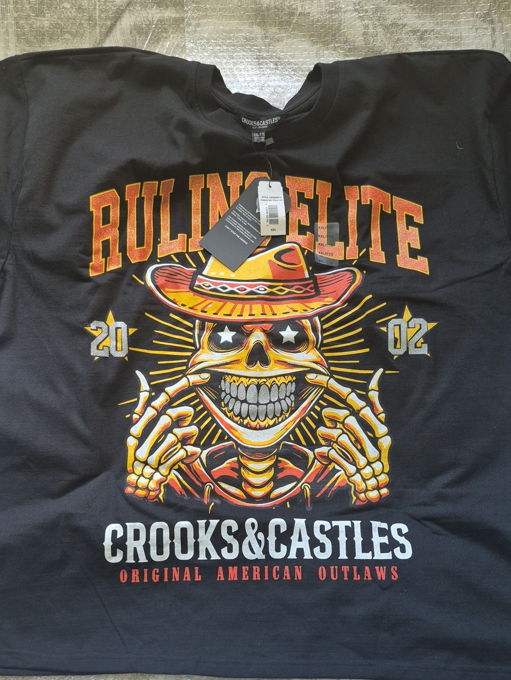 Crooks & Castles Ruling Elite Black Tee with Yellow & Red Skull Graphic